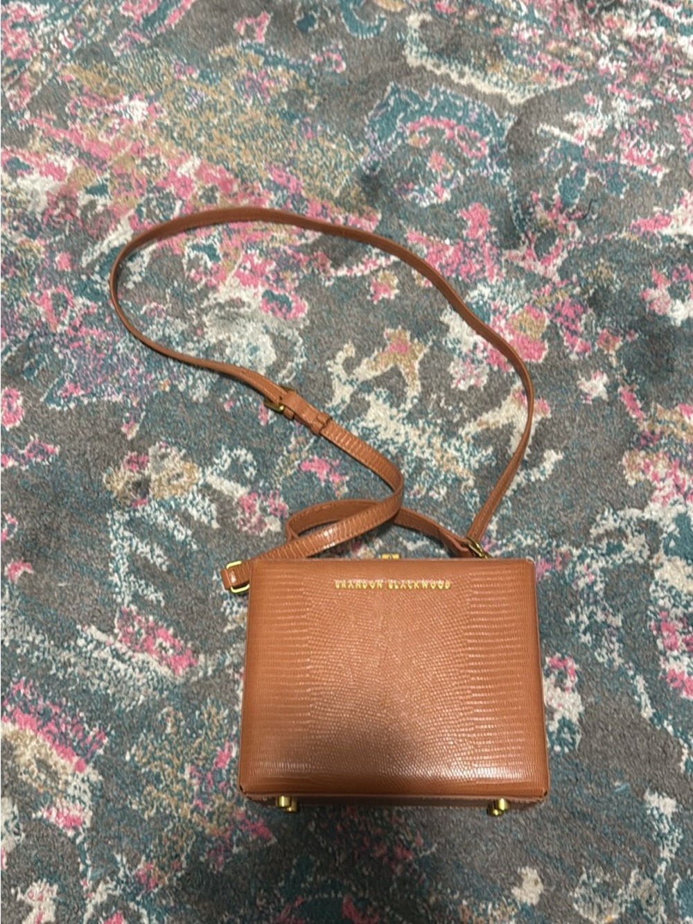 Brandon Blackwood Brown Lizard-Embossed Crossbody with Gold Hardware